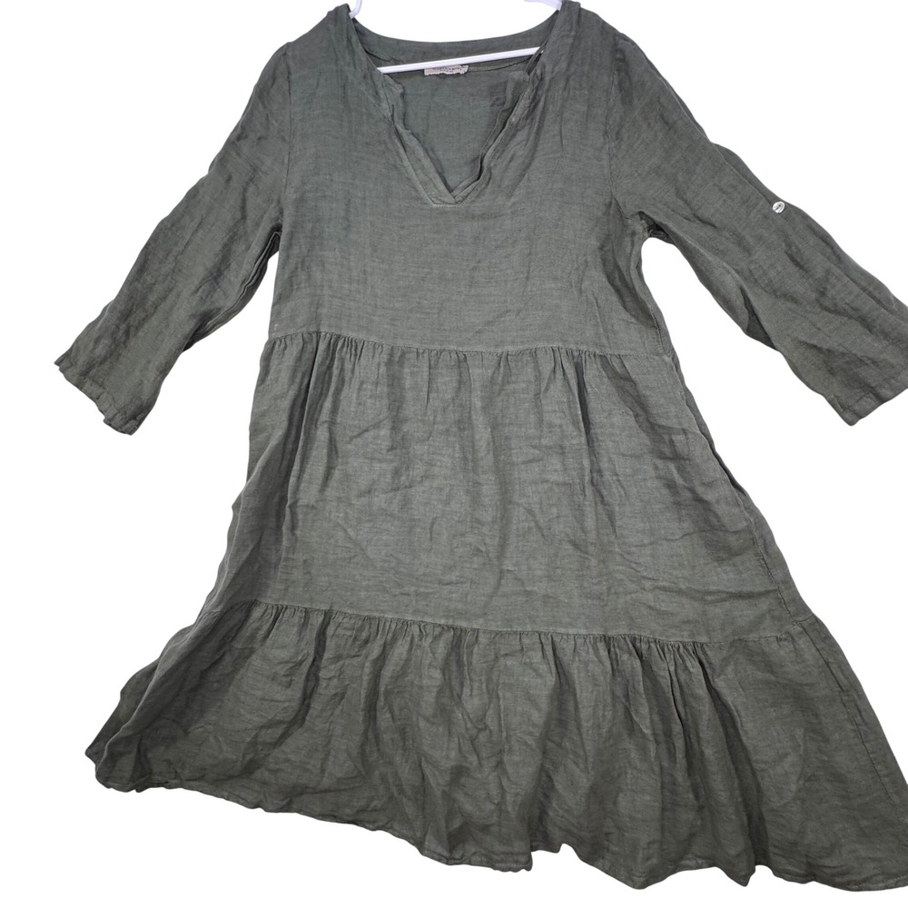 Francesca Bettini Linen Tiered Dress Womens Large Olive Green Earthy Lagenlook